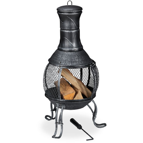 Relaxdays brasero mexicain, tisonnier, gril en bois, pare-étincelles, jardin, terrasse, antique, brasero, H 89 cm, gris
