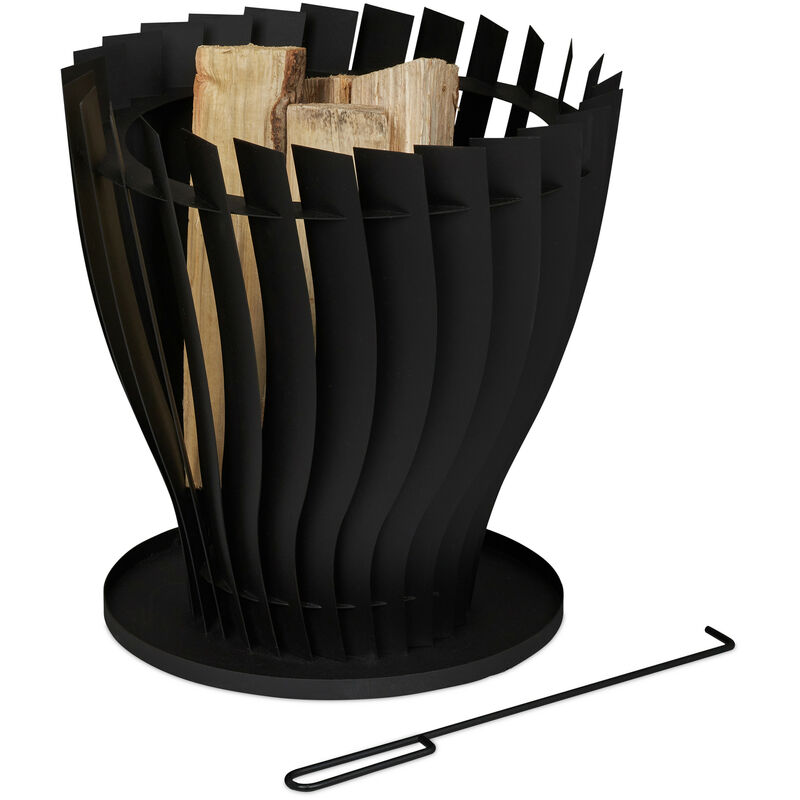 Relaxdays - Braséro rond avec tisonnier, en acier, design moderne, h x l : 42 x 40 cm, pour jardin et terrasse, noir
