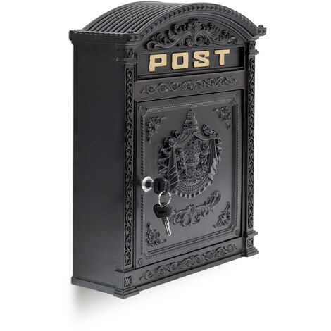  Briefkasten Antik Englischer Wandbriefkasten aus Aluguss mit breitem Briefschlitz für DIN A4 Umschläge HBT: 44,5 x 31 x 9,5 cm nostalgischer Postkasten mit rundem Dach, schwarz