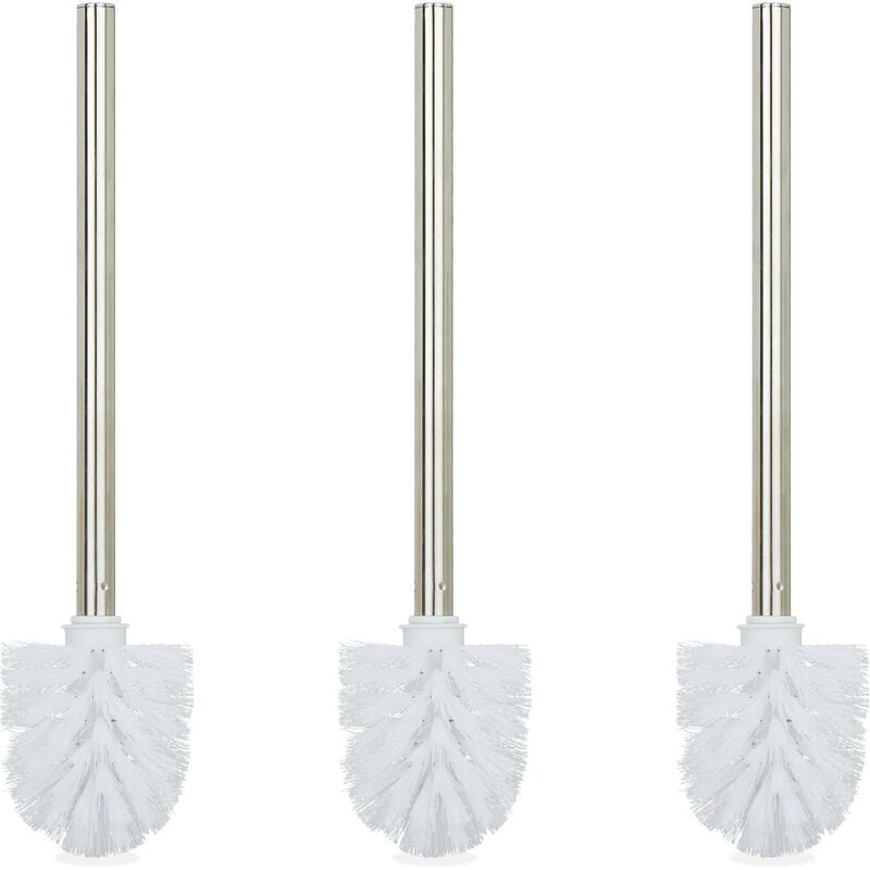 Relaxdays Brosse à WC, en lot de 3, tête de brosse amovible, pour toilettes, en acier inoxydable, HxD : 35 x 8 cm, blanc