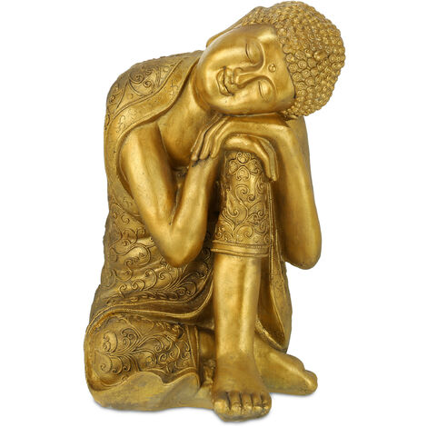 main image of "Relaxdays Buddha statue, weather-resistant, head on knee Buddha ornament, zen garden sculpture, 40x37x61 cm (LxWxH) gold"