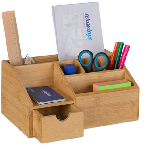 Relaxdays Büro-Organizer, 6 offene Fächer, Schublade, Bambus, H x B x T: ca. 11 x 24,5 x 15 cm, Natur