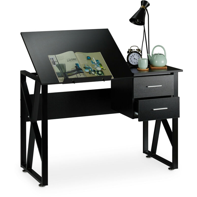 Bureau avec pupitre inclinable, réglable, table de laptop ou de dessin, 75 x 110 x 55 cm noir - Relaxdays