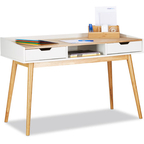 Relaxdays Bureau, Design scandinave, 2 tiroirs, Table d’ordinateur HxLxP: env. 76 x 120 x 55 cm, bois, blanc-brun