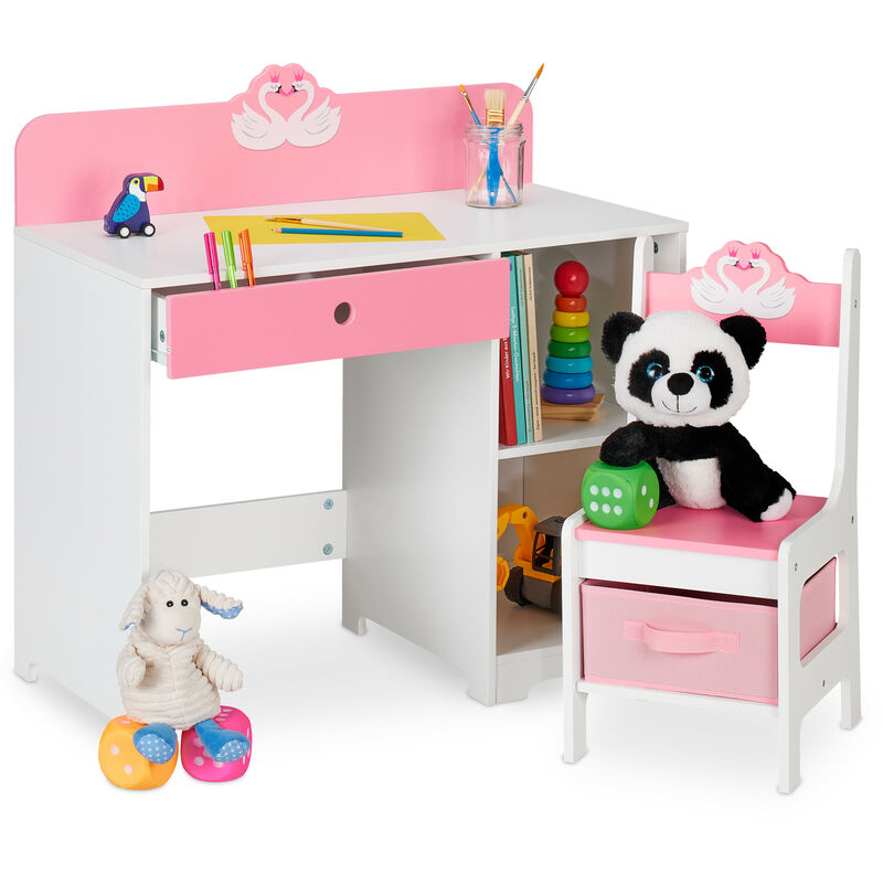 Bureau et chaise pour enfants, tiroir et 2 compartiments ouverts, motif cygne, rose - blanc - Relaxdays