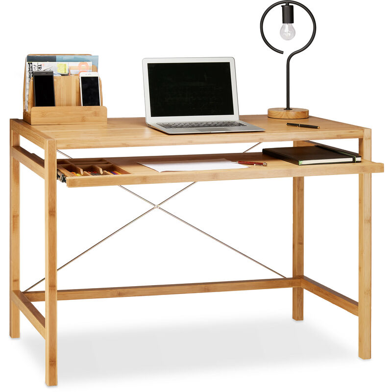 Relaxdays - Bureau informatique table ordinateur en bambou moderne emplacement clavier HxlxP: 76,5 x 106,5 x 55,5 cm, nature