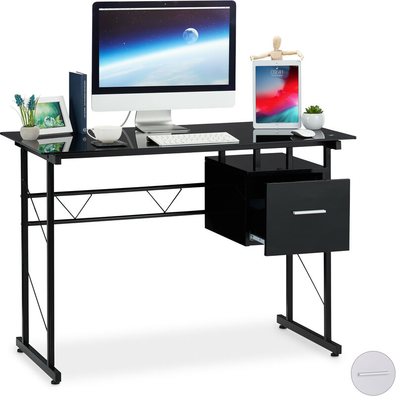 Relaxdays - Bureau moderne avec plaque de verre, tiroir latéral, pour chambre d'ado,HlP 75 x 110 55 cm, noir