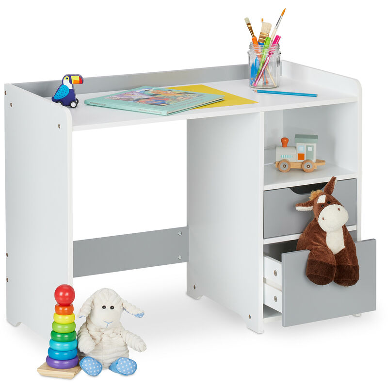 Relaxdays Bureau pour enfants, HxLxP: 60 x 80 x 38 cm, 2 tiroirs, compartiment ouvert, pour les petits, blanc - gris