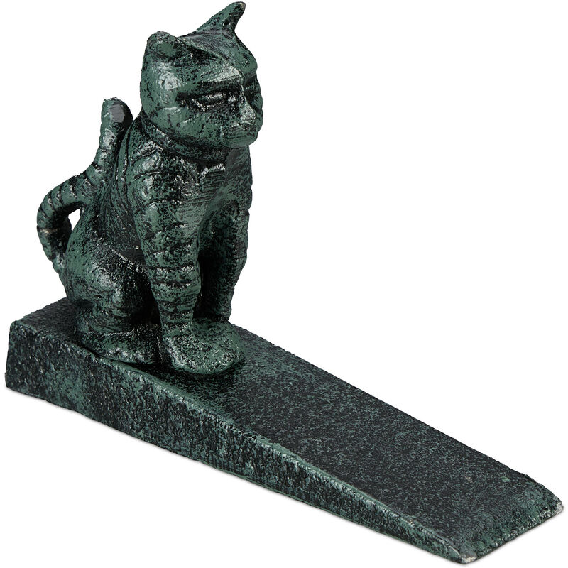 Butoir de porte, chat, fonte, cale-porte à poser au sol, intérieur et extérieur, HxLxP : 11x15x4 cm, vert - Relaxdays