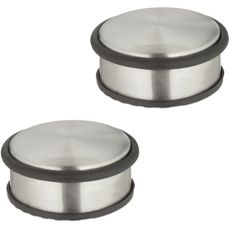 Relaxdays Butoir de porte, lot 2, plat et lourd, antidérapant, acier inoxydable, H x D : 4,5 x 10,5 cm, argenté & noir