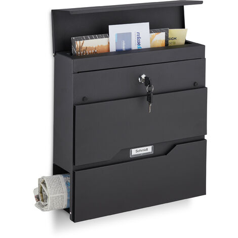 Relaxdays Buzón Exterior, para Pared, Espacio Periódicos y Placa para Nombre, Moderno, 37 x 37 x 11 cm, 2 Llaves, Negro