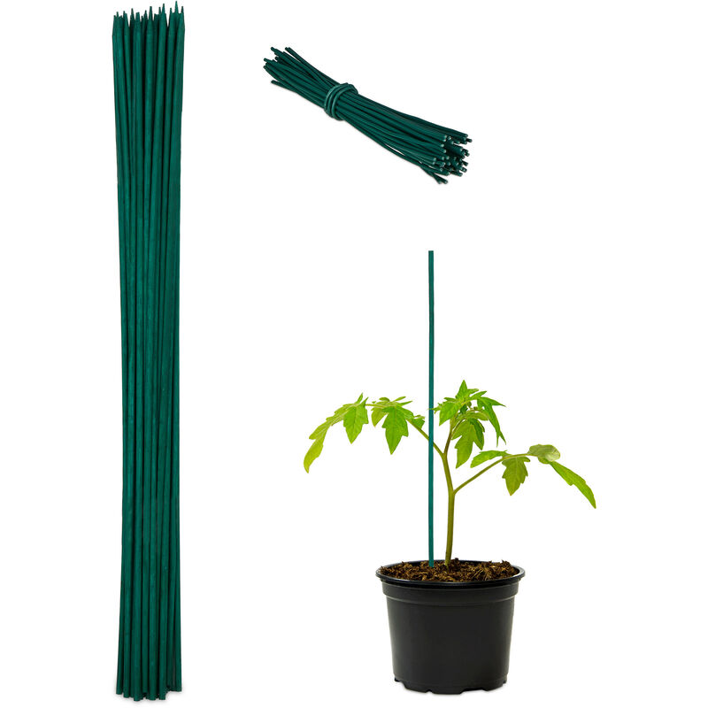 Tuteur à tomates en bambou avec fil de fer, en lot de 50, pour les fleurs et les légumes, 60 x 0,6 cm, vert - Relaxdays
