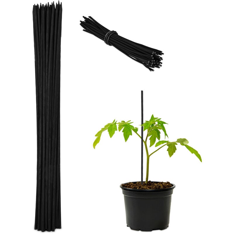 Relaxdays - Tuteur à tomates avec fil de fer, en lot de 50, pour jeunes plantes, en bambou, h x d : env. 30 x 0,5 cm, noir
