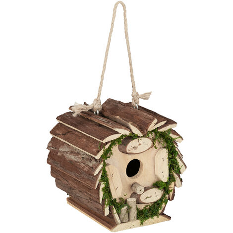 Relaxdays Cabane à oiseaux décorative, bois non traité, à suspendre, HLP env. 17x16x14 cm, pour jardin et balcon, nature