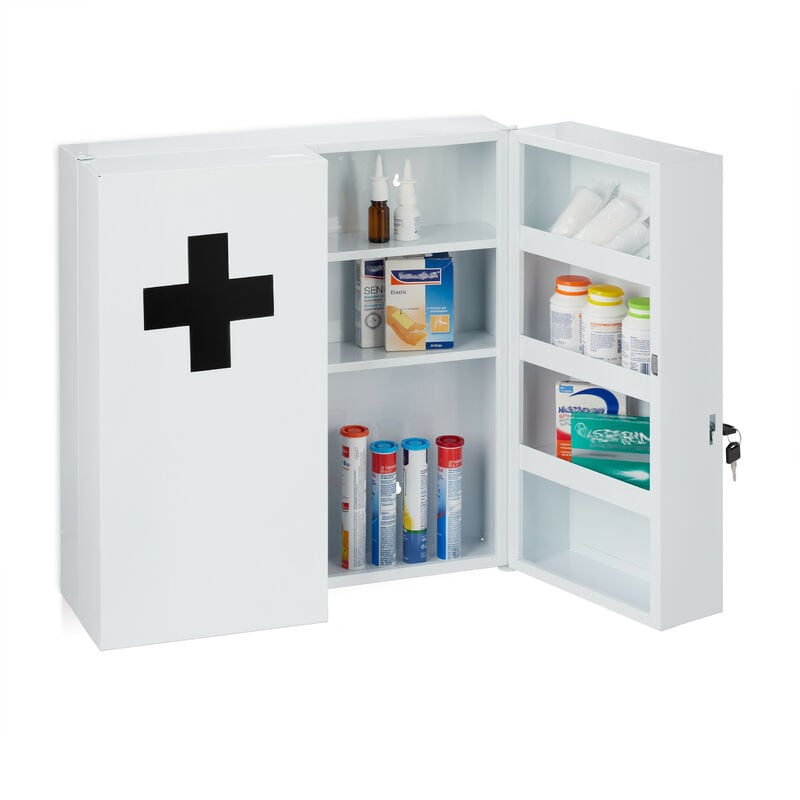 Armoire à pharmacie xxl, verrouillable, 11 compartiments, acier, HxLxP: 53,5x53x19 cm, 2 portes, blanc - noir - Relaxdays