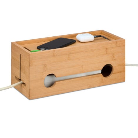 Relaxdays Cable Box, for 2 Socket Strips, Bamboo, HWD: 14 x 34.5 x 14 cm, Hide & Organise Cables, Computer Box, Natural