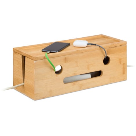 Relaxdays Cable Box, for 2 Socket Strips, Bamboo, HWD: 15.5 x 42 x 16 cm, Hide & Organise Cables, Computer Box, Natural