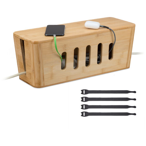 Relaxdays Cable Box, for 2 Socket Strips, Bamboo, HWD: 16.5 x 44 x 16 cm, Hide & Organise Cables, Computer Box, Natural