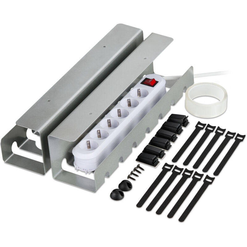 Relaxdays Desk Cable Tidy, Set Of 2, Wire Management, 10 X 43 X 10 Cm, Under Table Tray, Mounting Accessories, Silver