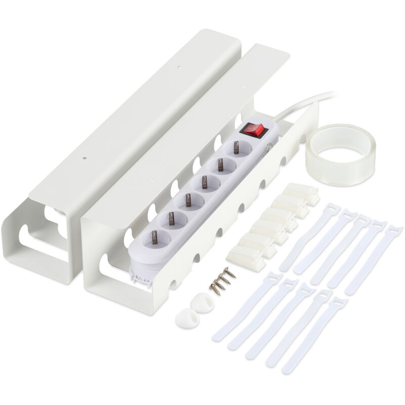 Relaxdays - Desk Cable Tidy, Set Of 2, Wire Management, 10 X 43 X 10 Cm, Under Table Tray, Mounting Accessories, White