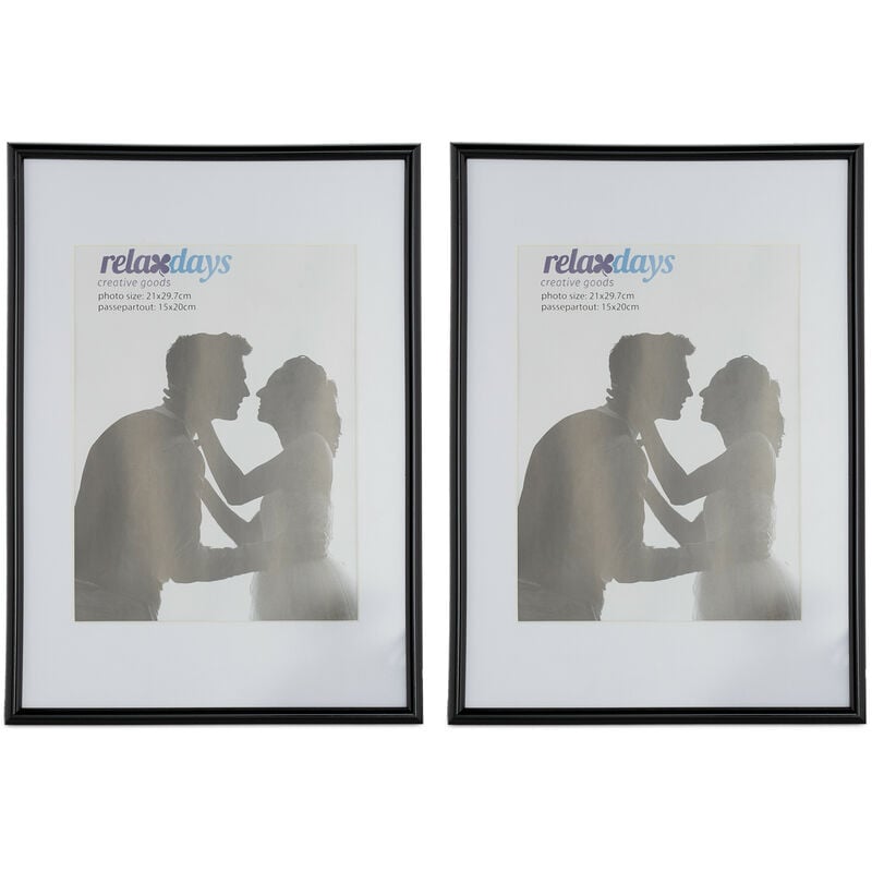 Cadres photo, lot de 2, 20x30 cm, passe-partout 15x20 cm, picture frame à poser ou suspendre, noir - Relaxdays