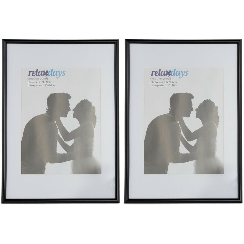 Cadres photo, lot de 2, format din A4, passe-partout 15x20 cm, picture frame à poser ou suspendre, noir - Relaxdays