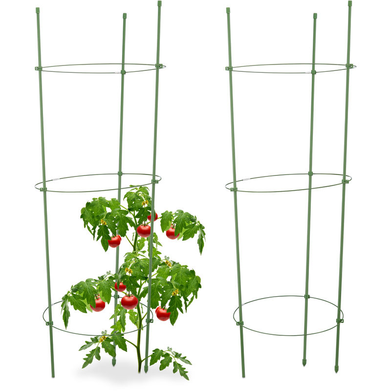 Cage à tomates Tuteur plantes grimpantes, support à 3 anneaux, jardin, balcon, set de 2, 76 cm long, vert - Relaxdays
