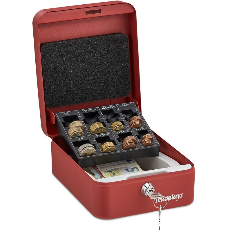 Relaxdays - Caisse à monnaie, monnayeur, verrouillable, acier, transportable, pièces et billets, hlp 8,5x16x20 cm, rouge
