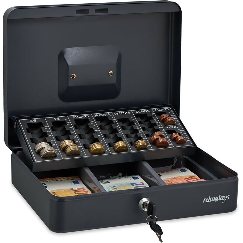 Caisse à monnaie, verrouillable, monnayeur, acier, 2 clés, pièces et billets, hlp : 9 x 30 x 23,5 cm, grise - Relaxdays