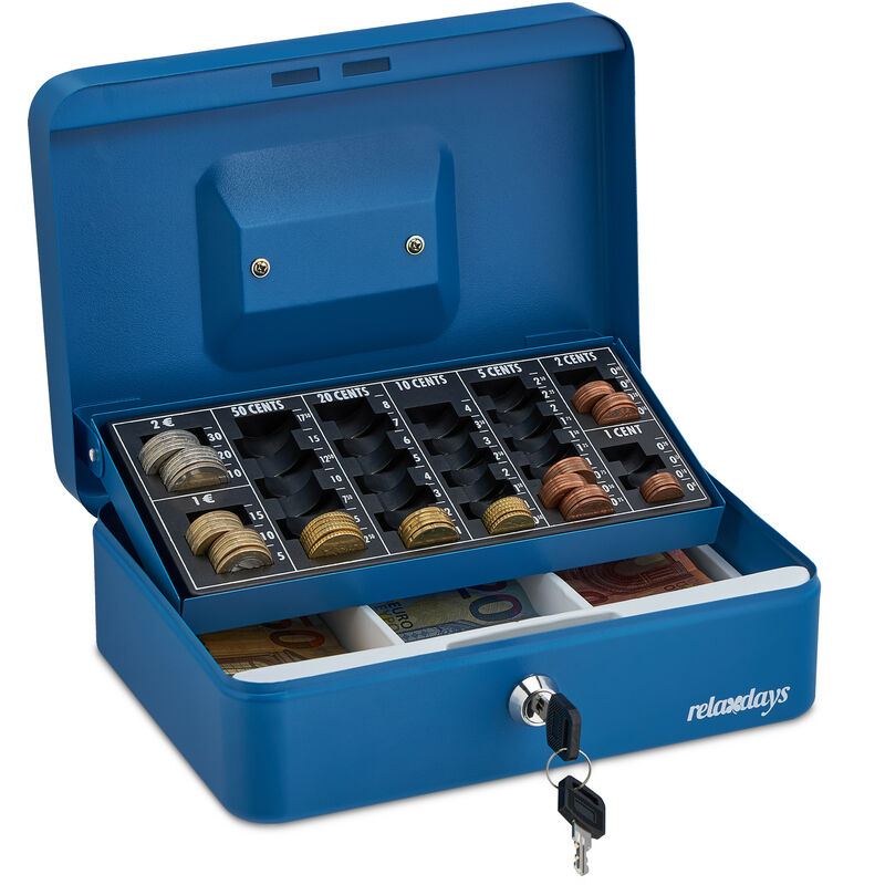 Caisse à monnaie, monnayeur, verrouillable, acier, transportable, pièces et billets, hlp 9x25x18 cm, bleue - Relaxdays