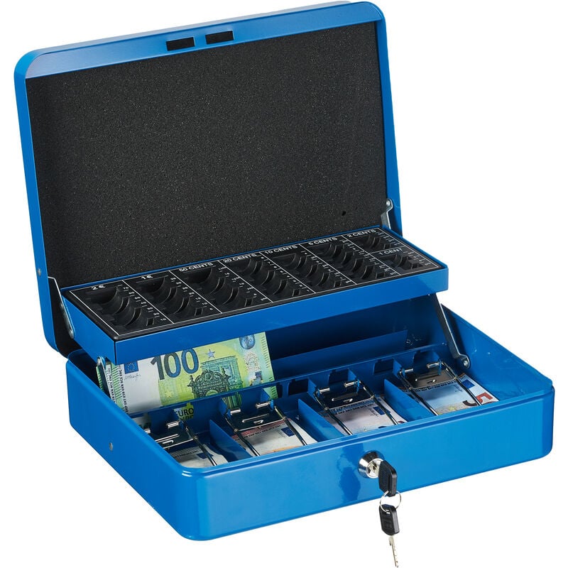 Caisse à monnaie, verrouillable, monnayeur & 4 compartiments à billets, fer, hlp 8,5 x 30,5 x 24,5 cm, bleu - Relaxdays