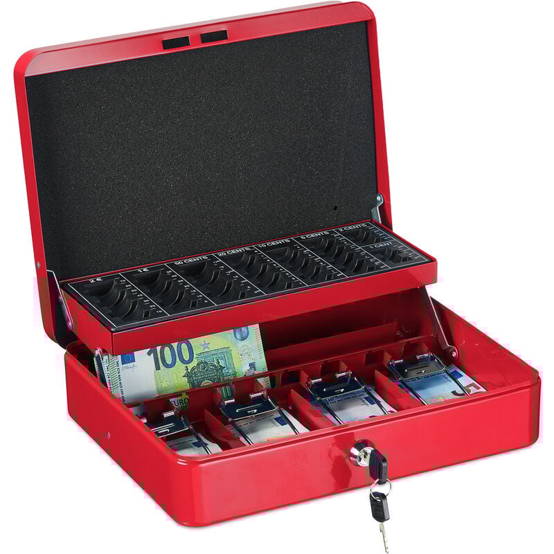 Caisse à monnaie, verrouillable, monnayeur & 4 compartiments à billets, fer, hlp 8,5 x 30,5 x 24,5 cm, rouge - Relaxdays