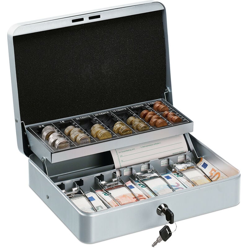 Relaxdays Caisse à monnaie, verrouillable, monnayeur & 4 compartiments à billets, fer, HLP 8,5 x 30,5 x 24,5 cm, argenté