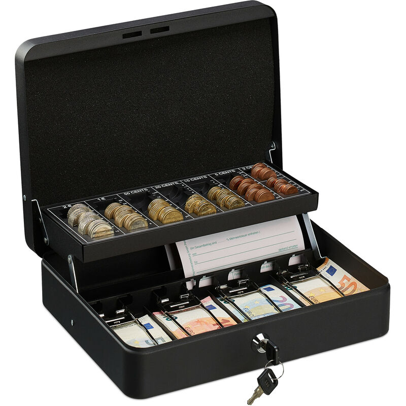 Caisse à monnaie, verrouillable, monnayeur & 4 compartiments à billets, fer, hlp 8,5 x 30,5 x 24,5 cm, noir - Relaxdays