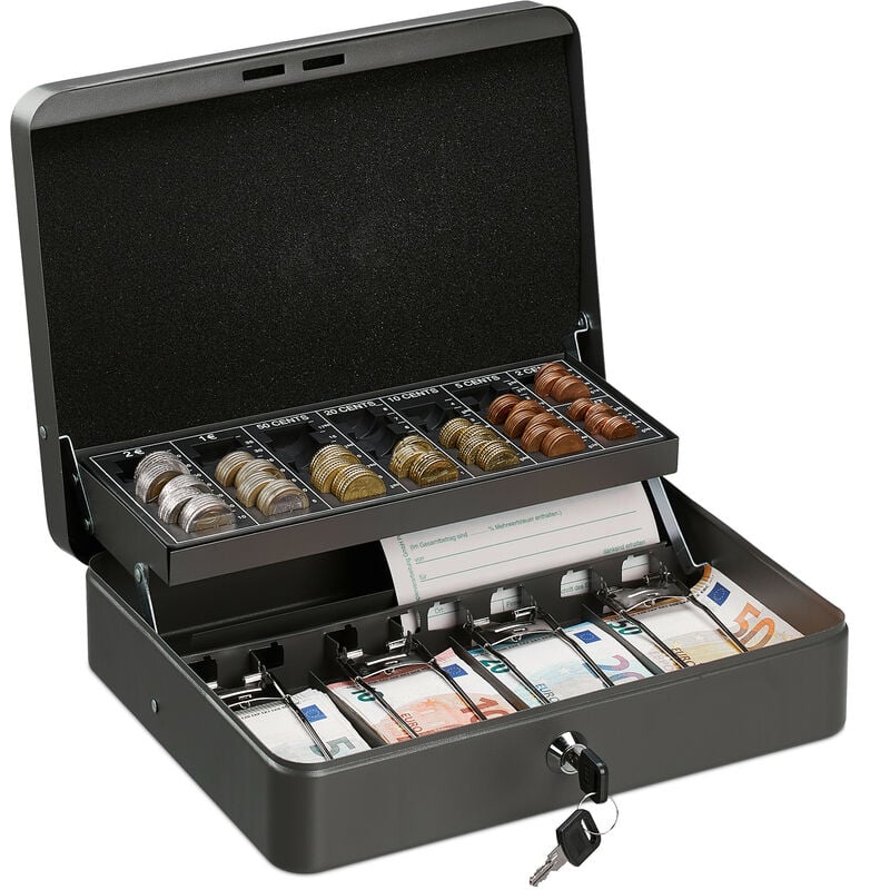 Relaxdays - Caisse à monnaie, verrouillable, monnayeur & 4 compartiments à billets, fer, hlp 8,5 x 30,5 x 24,5 cm, gris