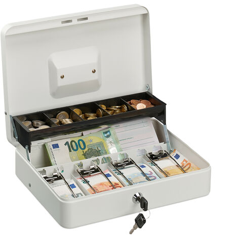 Relaxdays Caja Dinero con Llave, Bandeja Monedas y 4 Compartimentos Billetes, Cajita Hierro, 8,5x30,5x24,5 cm, Blanco
