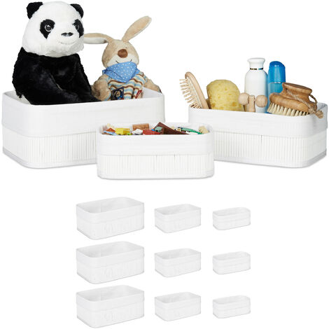 Relaxdays Cajas de almacenaje, Set de 12, Funda textil, Rectangular, Accesorio, Baúles, Bambú, Blanco