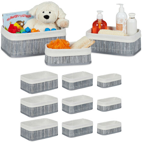 Relaxdays Cajas de almacenaje, Set de 12, Funda textil, Rectangular, Accesorio, Baúles, Bambú, Gris