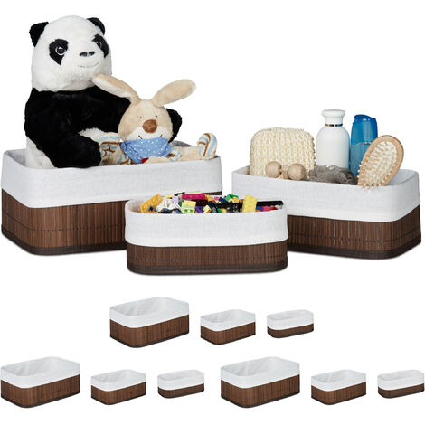 Relaxdays Cajas de almacenaje, Set de 12, Funda textil, Rectangular, Accesorio, Baúles, Bambú, Marrón