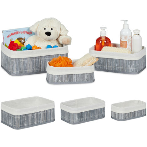 Relaxdays Cajas de almacenaje, Set de 6, Funda textil, Rectangular, Accesorio, Baúles, Bambú, Gris
