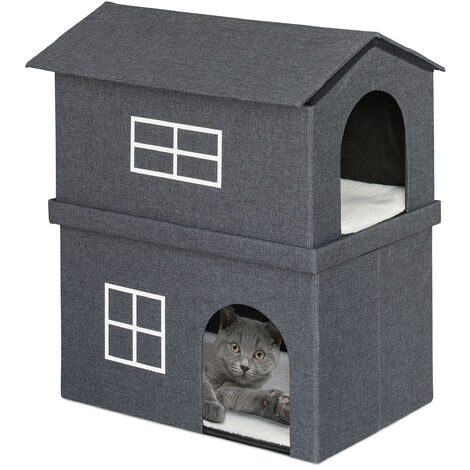 Relaxdays Cama Cueva Gato de Interior, Casa Gatitos 2 Pisos, Dos Entradas, Plegable, 71,5 x 62,5 x 44 cm, Gris Oscuro
