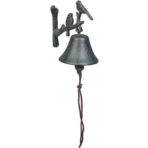 Relaxdays Campanella da Parete in Ghisa, Campana da Appendere, con Corda, Design Vintage, 20 x 10 x 13 cm, Verde Scuro