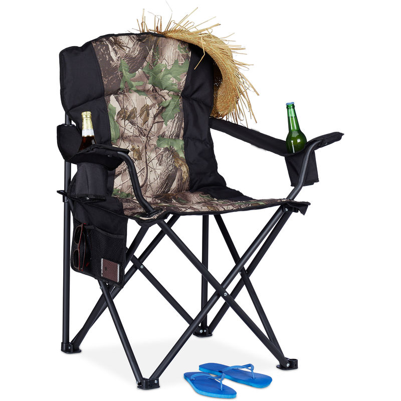 Relaxdays - Camping Chair, Foldable Fishing Chair With Side Pocket & 2 Drink Holders, Portable, 113 kg Capacity, Black-Green