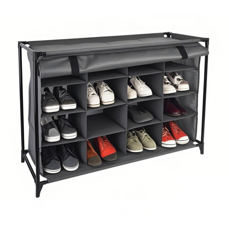 Relaxdays - Camping Shoe Rack, 16 Compartments, Fabric Footwear Cabinet & Curtain, 65 X 85 X 35.5 Cm, Travel Storage, Grey