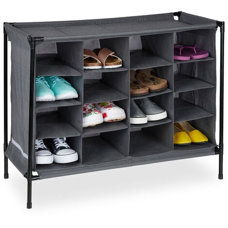 Relaxdays Camping Shoe Rack, 16 Compartments, Stackable, Easy to Assemble, Footwear Cabinet, HWD: 65 x 84 x 37 cm, Grey