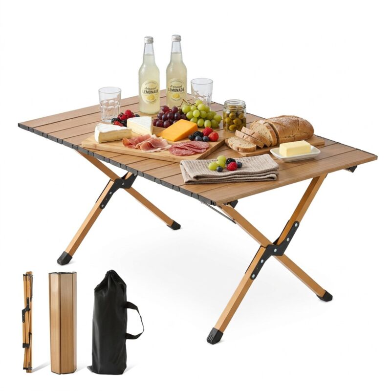 Relaxdays Camping Table, Foldable, Height-adjustable, Hxwxd, 44 X 90 X 60 Cm, Carry Bag, Wood Effect, Natural