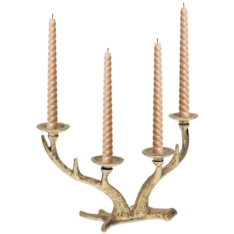 Relaxdays Candelabro Cuerno Venado, Porta Velas Vintage, 4 Brazos, Hierro Fundido, 13x22x10,5cm, Dorado