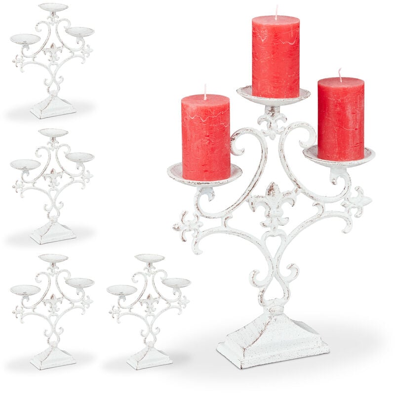 Relaxdays Set Of 2 Candle Holders, 3-Armed, For Tealight & Pillar Candles, Vintage, Cast Iron, 28.5 X 23 X 7.5 Cm, White