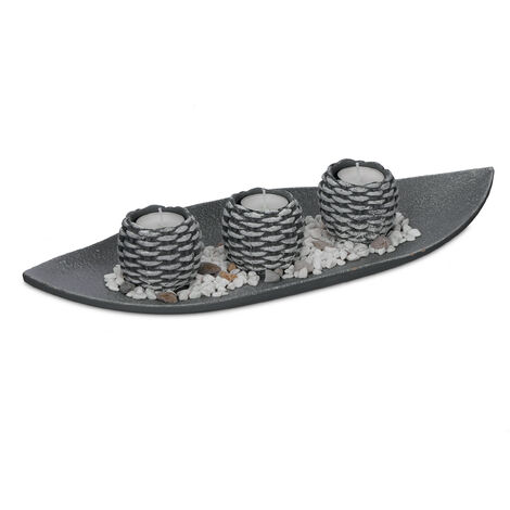 Relaxdays Candle Tray, Candle Set with 3 Tea Light Holders & Stones, for Living & Dining Room, Candleholder, Grey/White