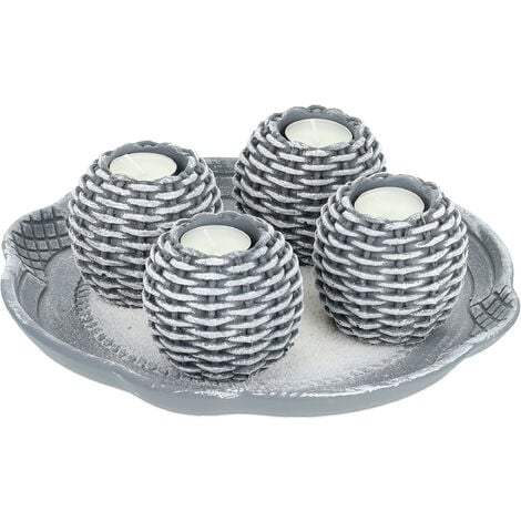 Relaxdays Candle Tray, Candle Set with 4 Tea Light Holders & Sand, for Living & Dining Room, Candleholder, Grey/White